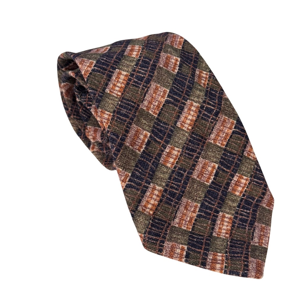 Park Lane Mens Geometric Woven Wool Green‎ Orange Blue Plaid Vintage Style Tie
